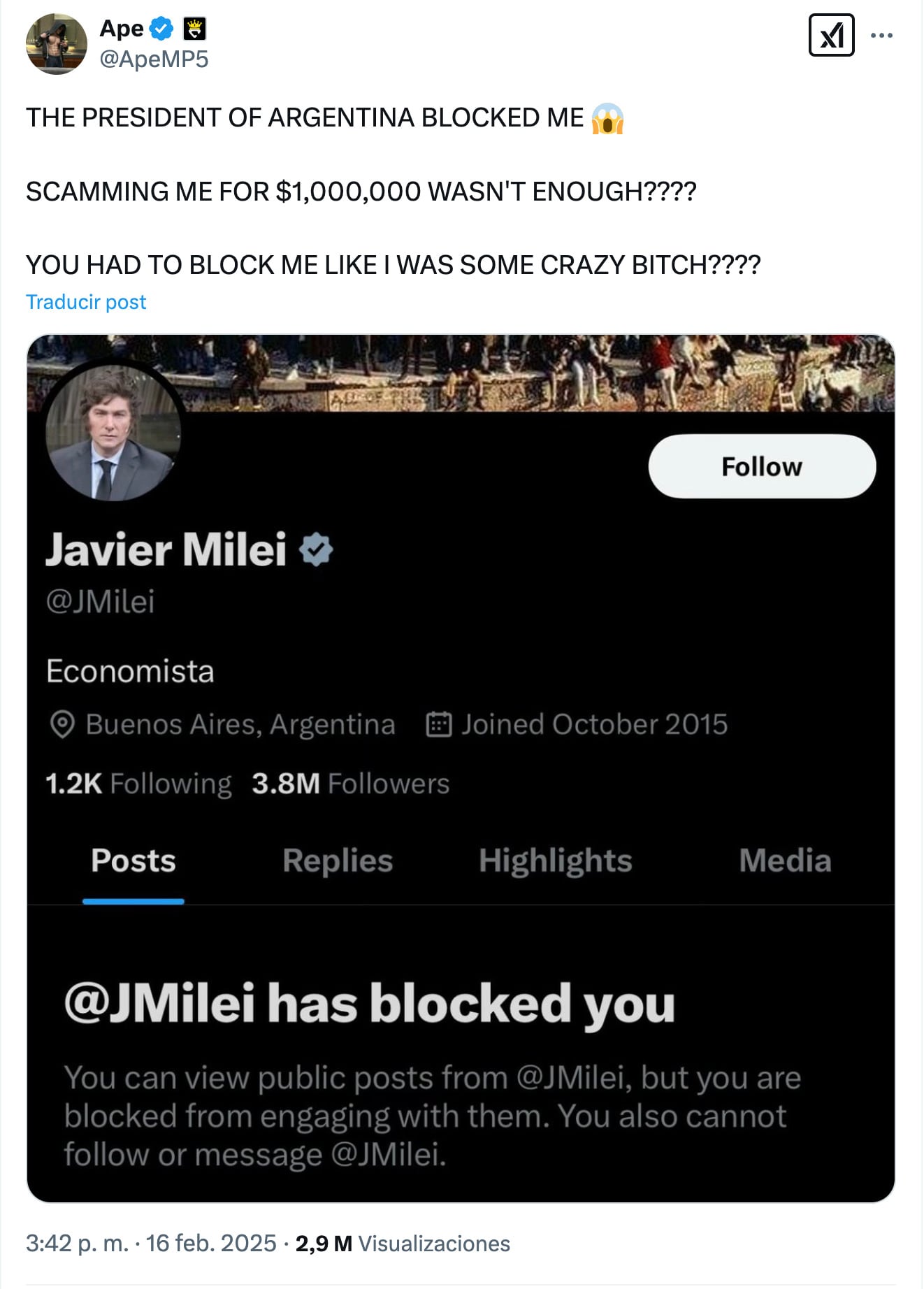 Ape, influencer de Estados Unidos afectado por $Libra