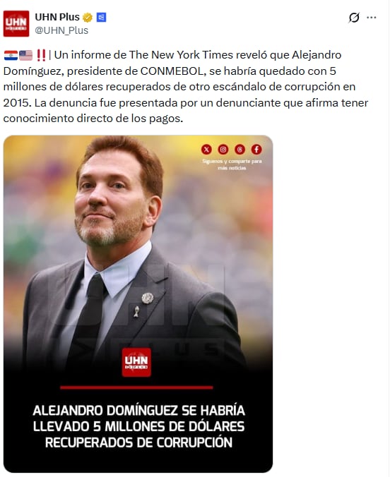 Presidente de Conmebol es denunciado por presuntos pagos vinculados al caso FIFAGate.