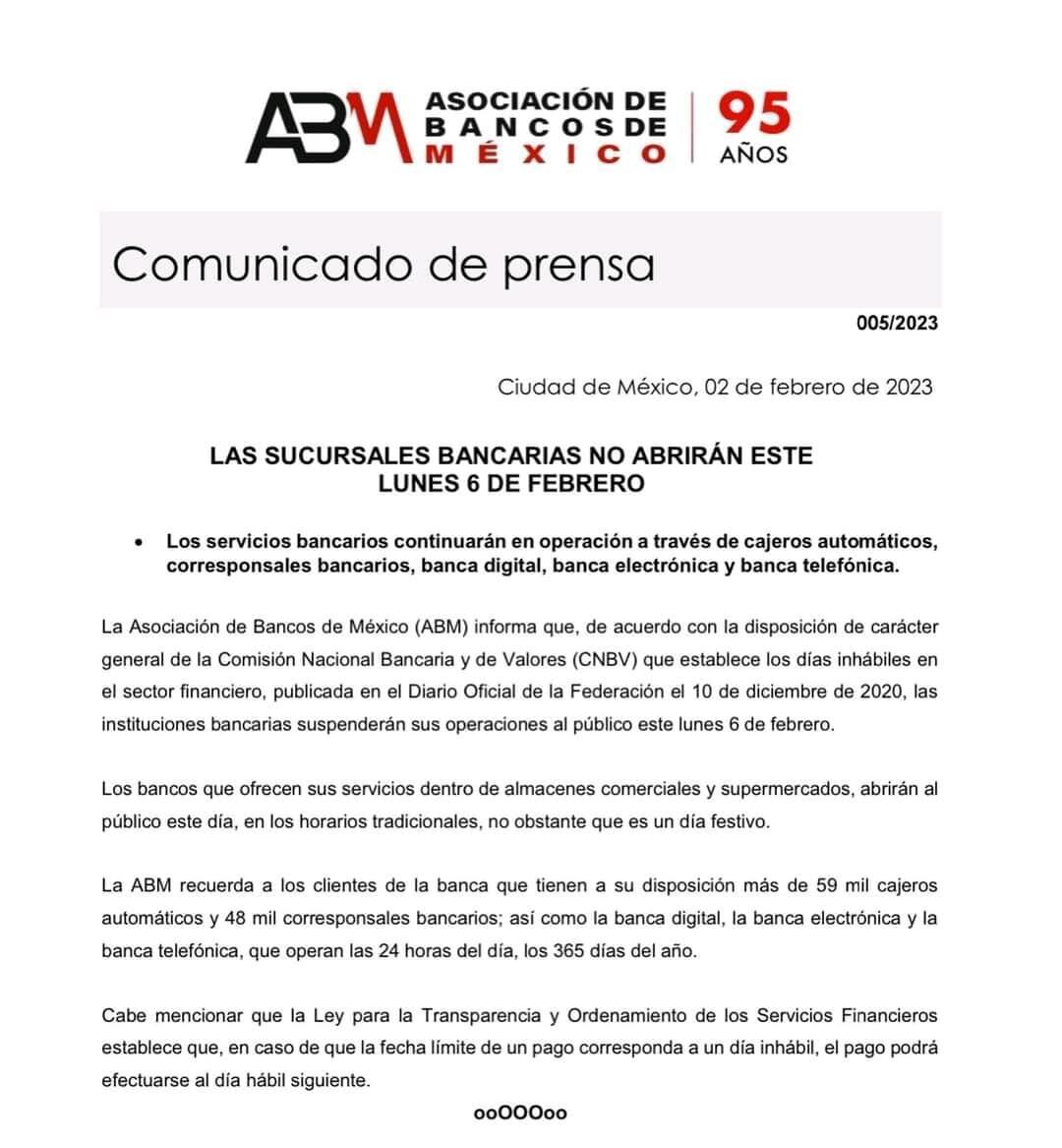 ¿Los bancos abren el puente del lunes 6 de febrero?