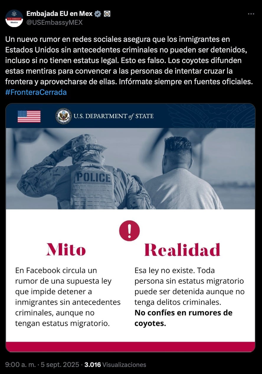 Embajada de Estados Unidos en México aclara sobre detenciones de inmigrantes sin antecedentes