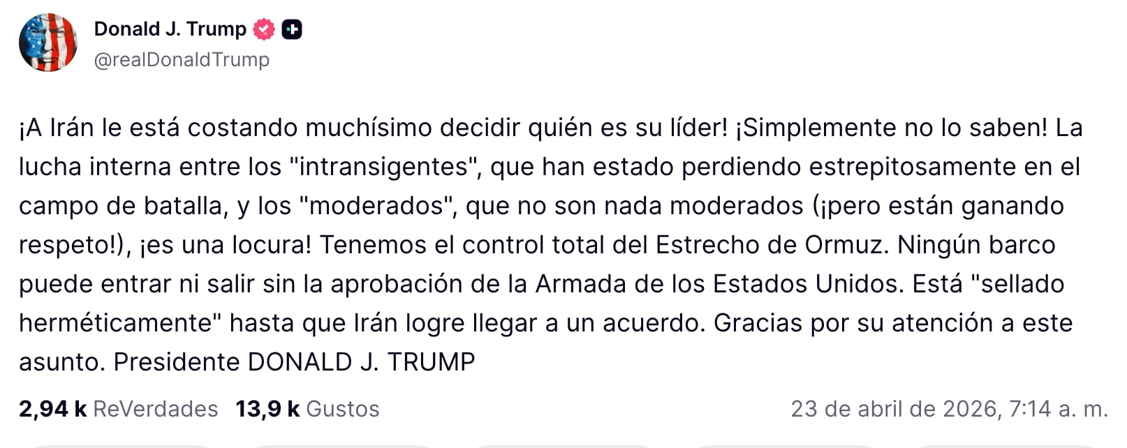 Trump ordena hundir embarcaciones y reforzar control en el Estrecho de Ormuz