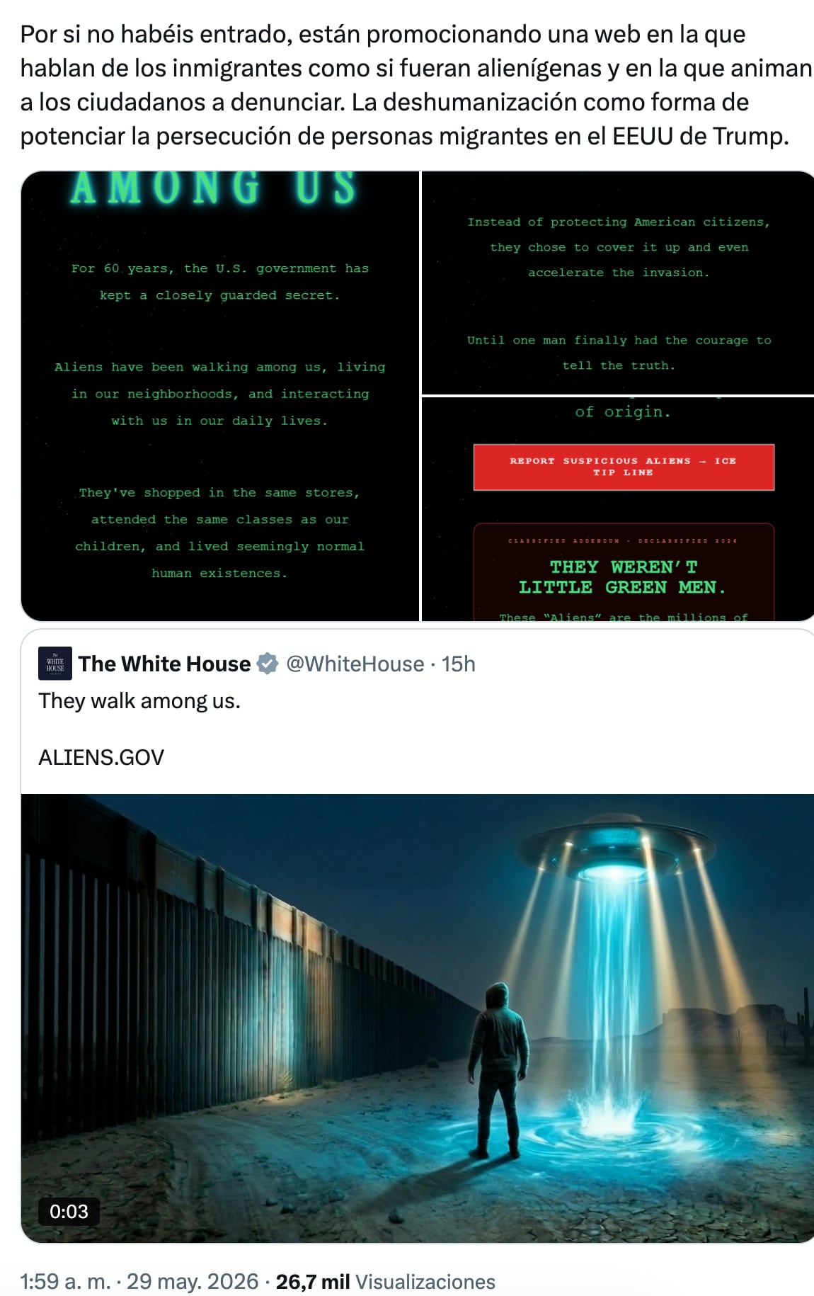 La Casa Blanca compara a los migrantes con extraterrestres, desatando fuertes críticas
