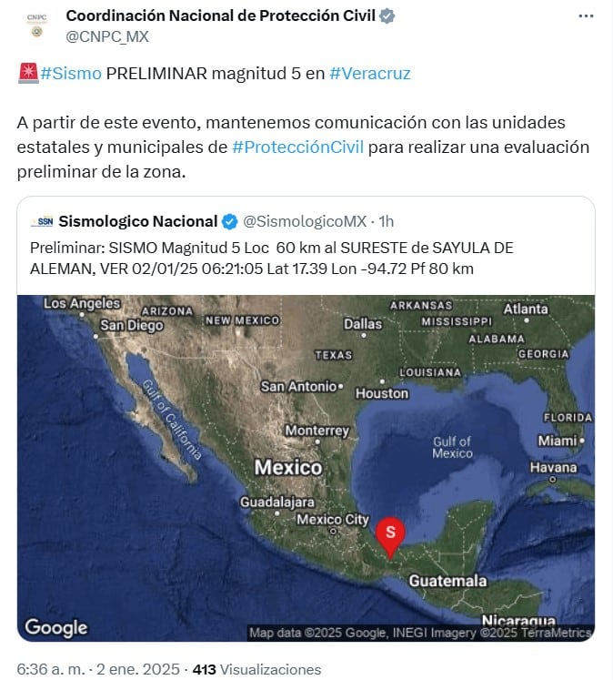 Protección Civil se mantiene alerta por sismo magnitud 5 en Veracruz