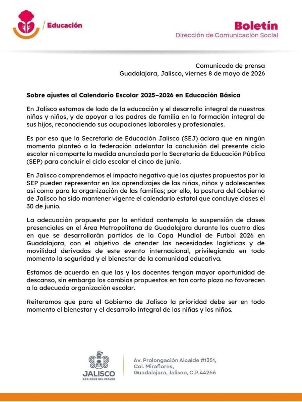 Jalisco adelanta que no recortará clases, seguirán hasta el 30 de junio