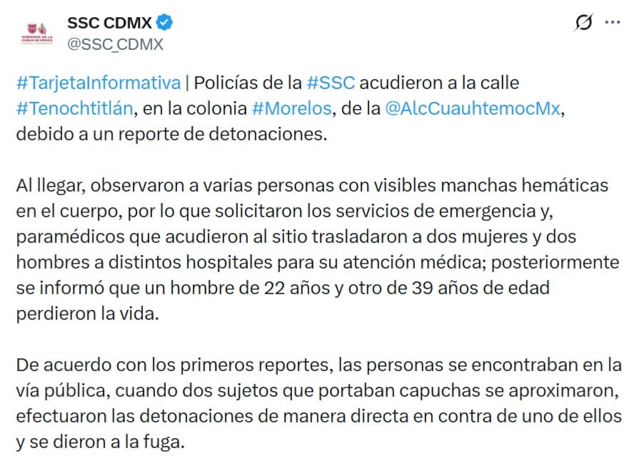 SSC confirma dos muertos y dos heridos por balacera en Tepito
