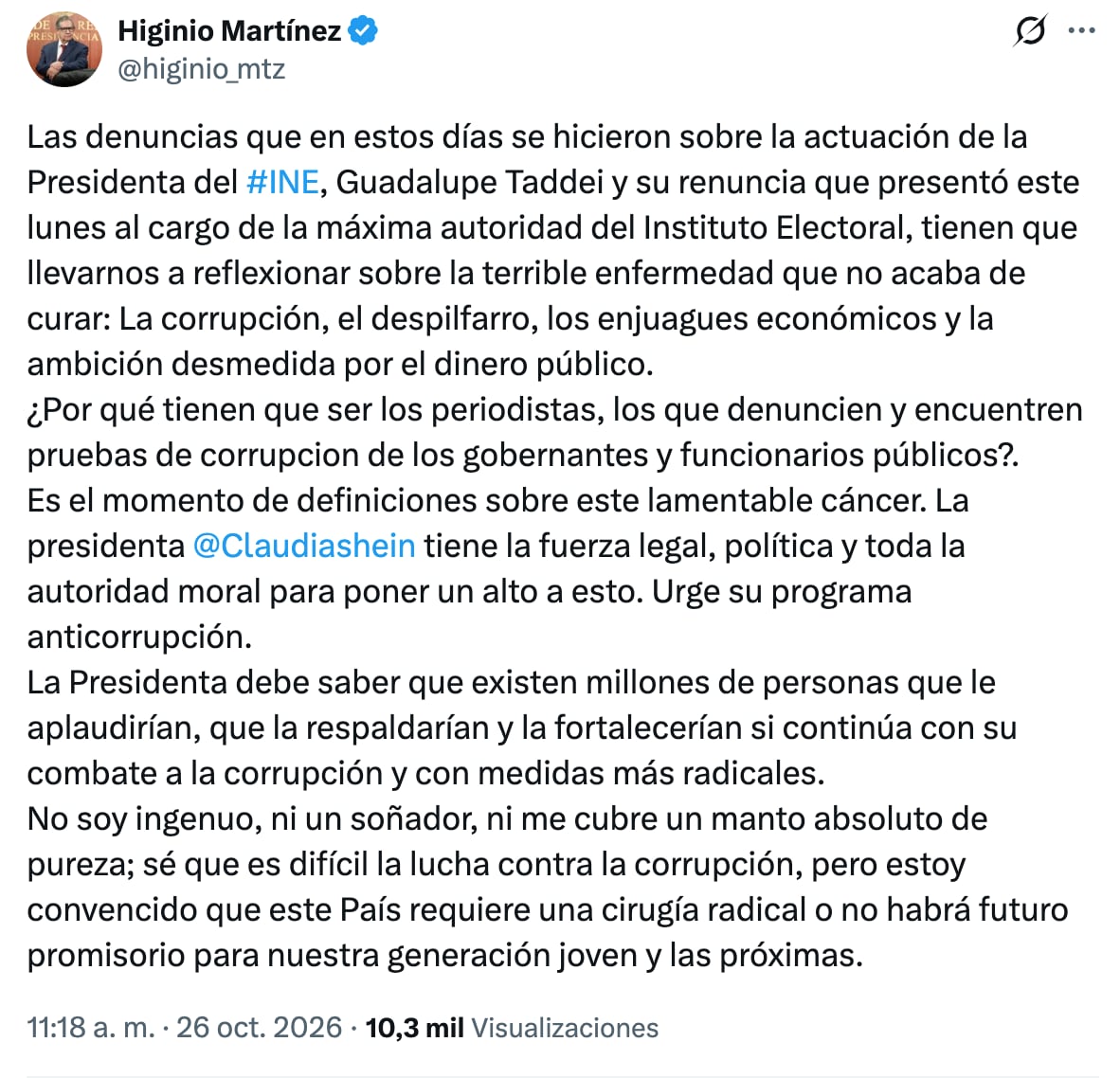 Higinio Martínez exige medidas anticorrupción tras salida de Guadalupe Taddei del INE