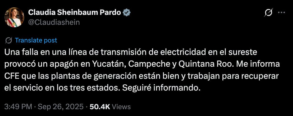 Apagón masivo al sur de México.