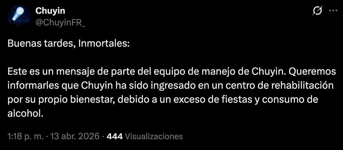 Equipo de El Chuyin anuncia su ingreso a rehabilitación