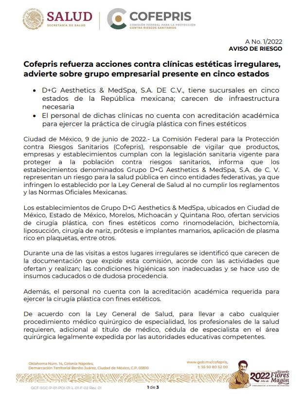 Cofepris advirtió riesgos en sucursales de cirugía plástica de DG del Dr. Gama