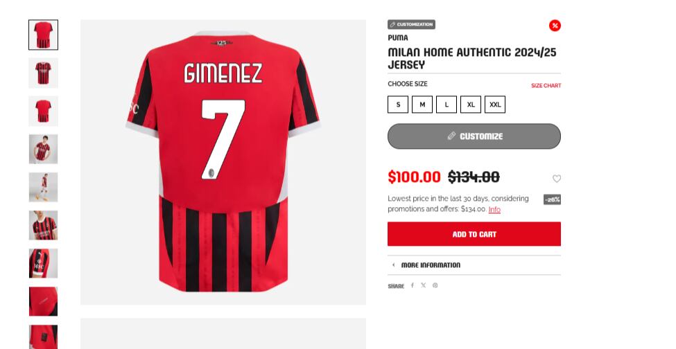 La playera de Santiago Giménez con el AC Milán ya está a la venta