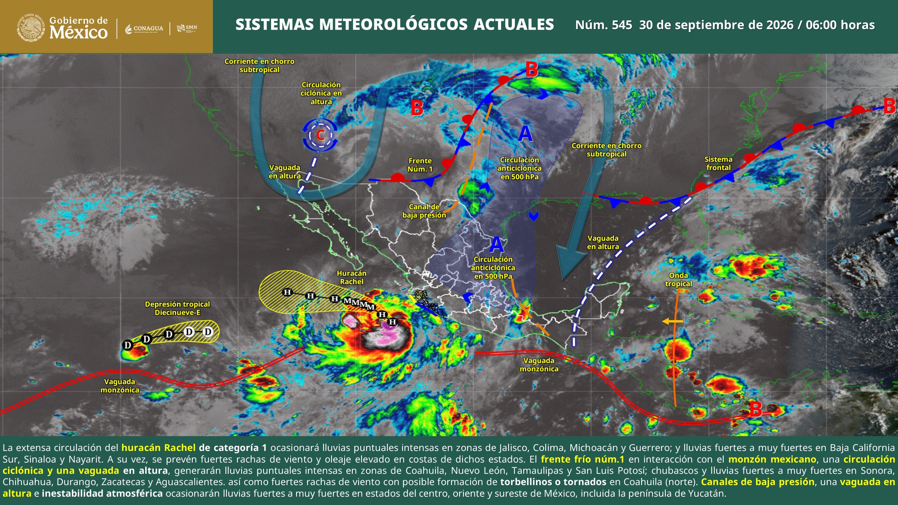 Reporte del clima de Conagua hoy 30 de septiembre de 2026.
