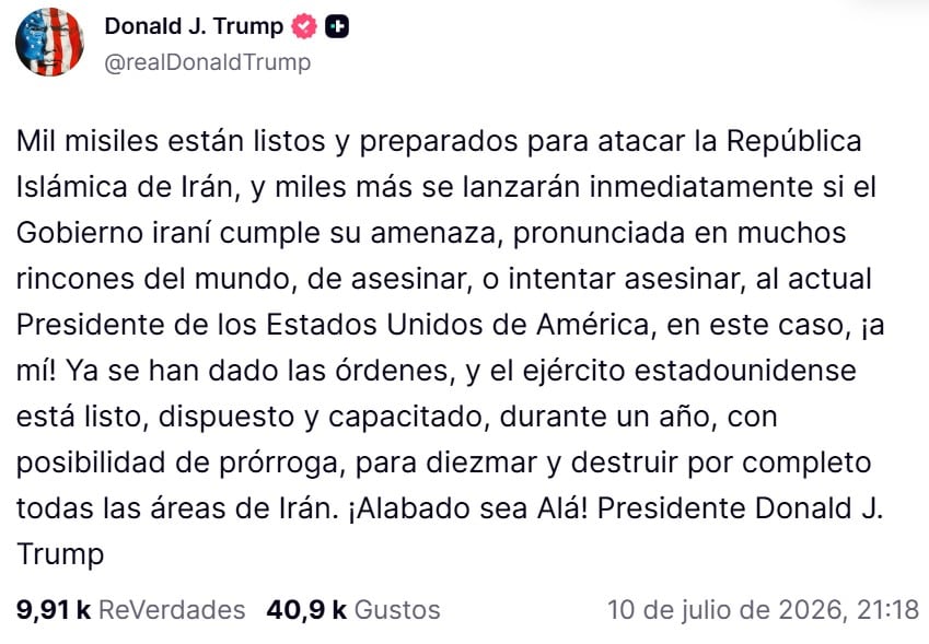 Trump asegura que hay mil misiles listos para atacar si Irán cumple su amenaza