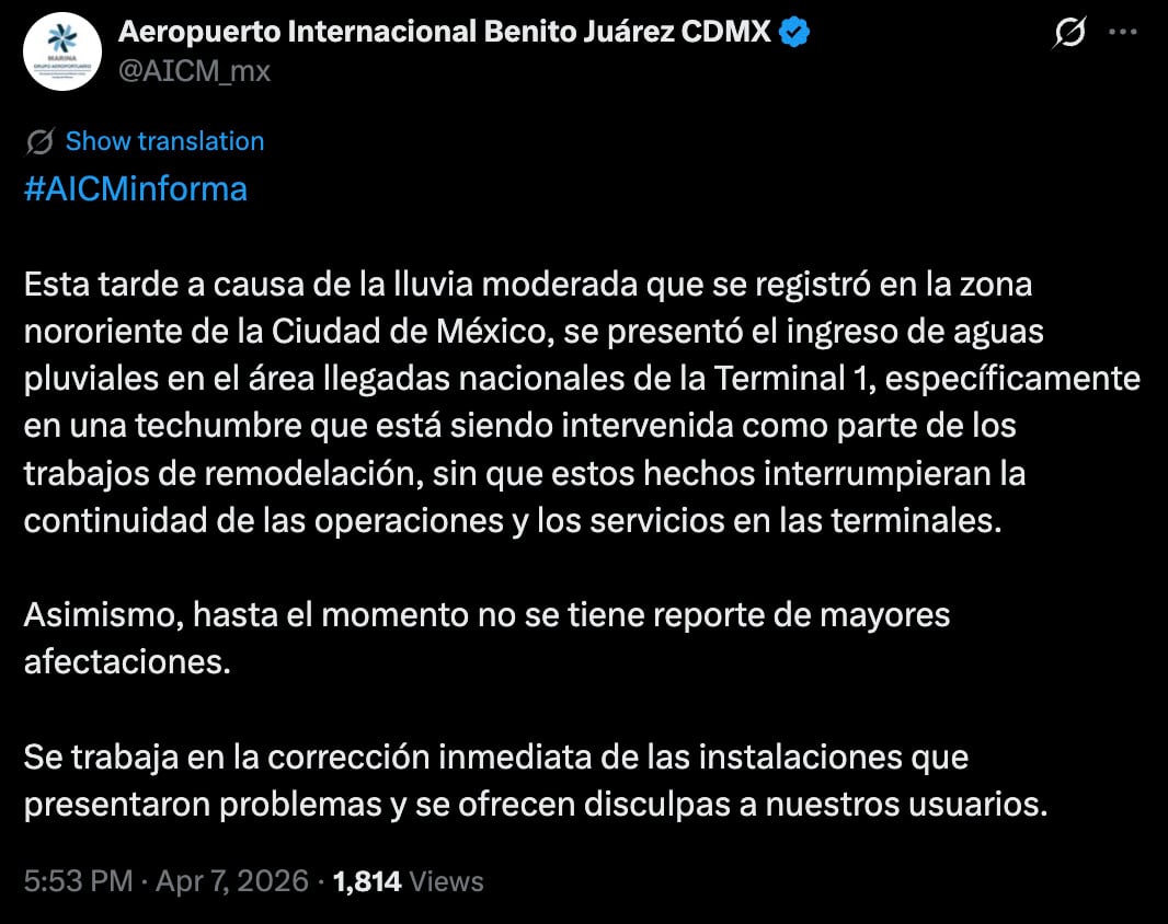 Lluvias afectan Terminal 1 del AICM en medio de remodelación