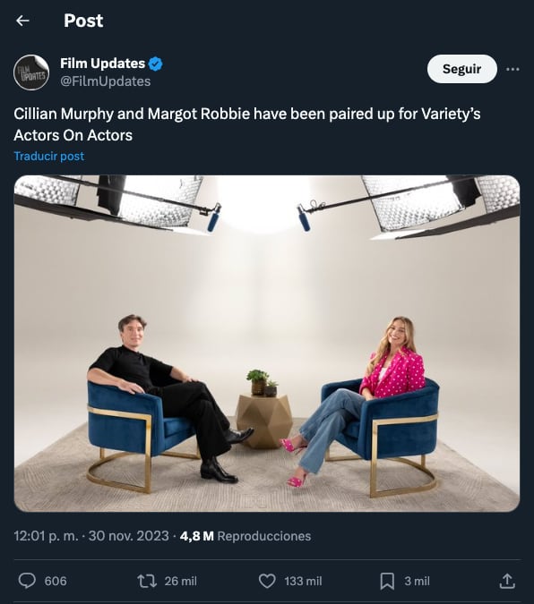 Margot Robbie y Cillian Murphy traen el Barbenheimer de vuelta con el Actors on Actors 2023