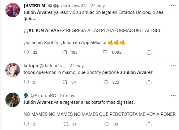 Tuits sobre el regreso de Julión Álvarez a Spotify