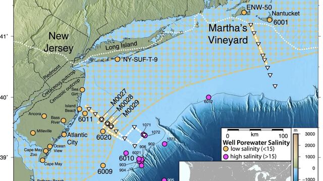 El área sombreada de color amarillo muestra la zona donde se oculta el acuífero de agua dulce bajo el Océano Atlántico.