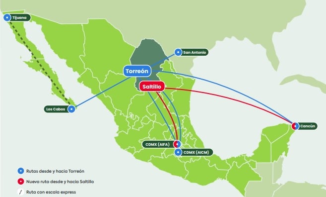 Mapa de las rutas de Viva de Saltillo al AIFA y también a Cancún