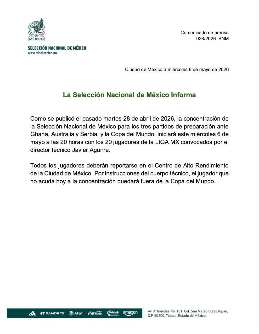 Comunicado Selección Mexicana