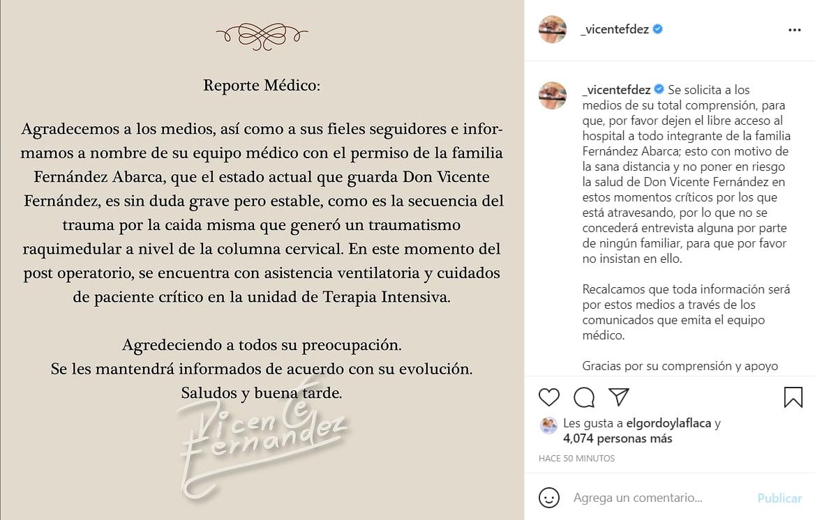 Publicación de Vicente Fernández en Instagram