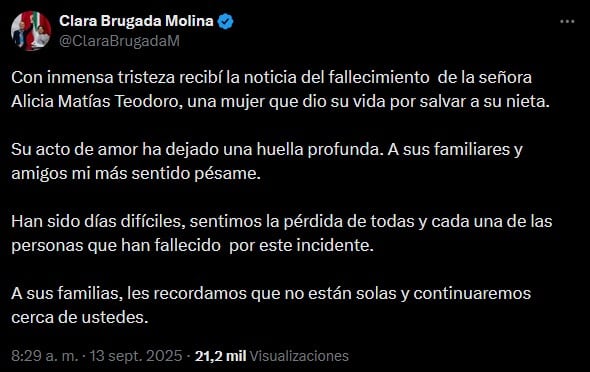 Clara Brugada lamenta muerte de Alicia Matías Teodoro