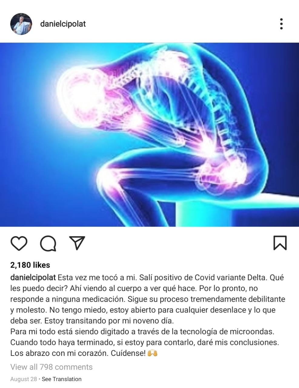 Publicación de Daniel Cipolat informando que tenía Covid-19