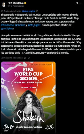 La FIFA anuncia el show de medio tiempo del Mundial 2026.
