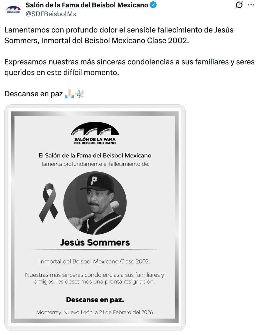 Muere Jesús Sommers, leyenda del béisbol mexicano y figura histórica de la LMB.