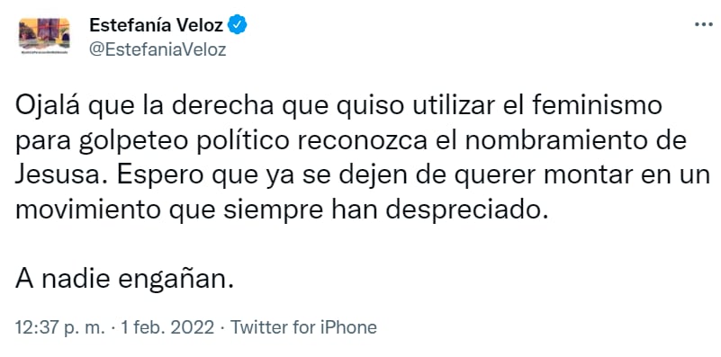 Tuit de Estefanía Veloz sobre el nombramiento de Jesusa Rodríguez como embajadora de Panamá