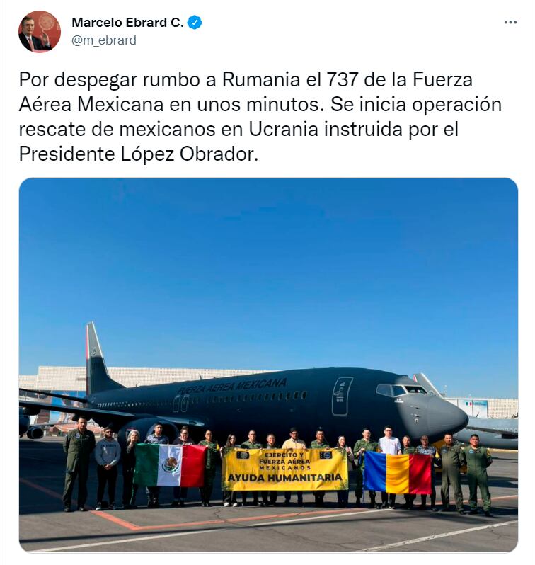 Tuit de Marcelo Ebrad sobre los mexicanos rescatados en Ucrania