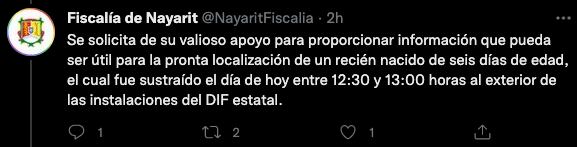 La Fiscalía de Nayarit activó la alerta Amber por localizar a un bebé recién nacido en el estado.