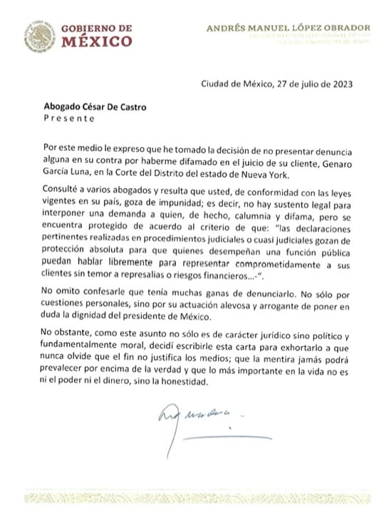 Carta a César de Castro, abogado de García Luna