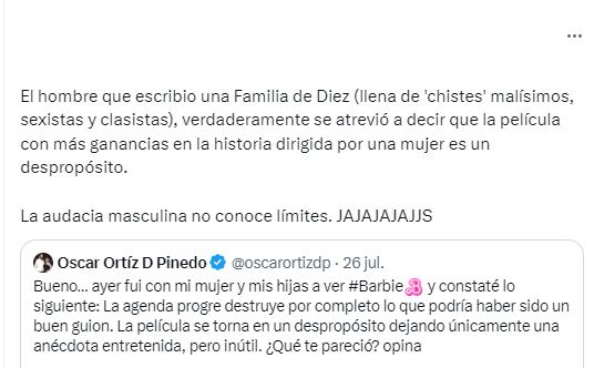 Critican a Oscar Ortíz de Pinedo por llamar "despropósito" a la película de Barbie.