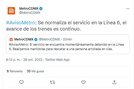 Luego de maniobras por una persona arrollada en vías, el servicio de la Línea 6 del Metro CDMX se normalizó.