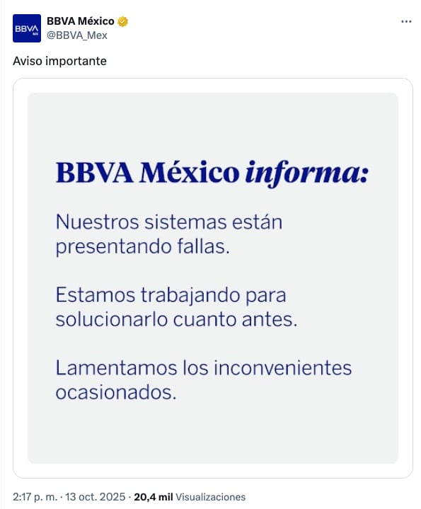 BBVA emite comunicado sobre fallas y errores en app y servicios de banca en línea