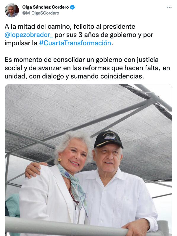 Tuit de felicitación de Olga Sánchez Cordero por los 3 años de gobierno de AMLO/ @M_OlgaSCordero