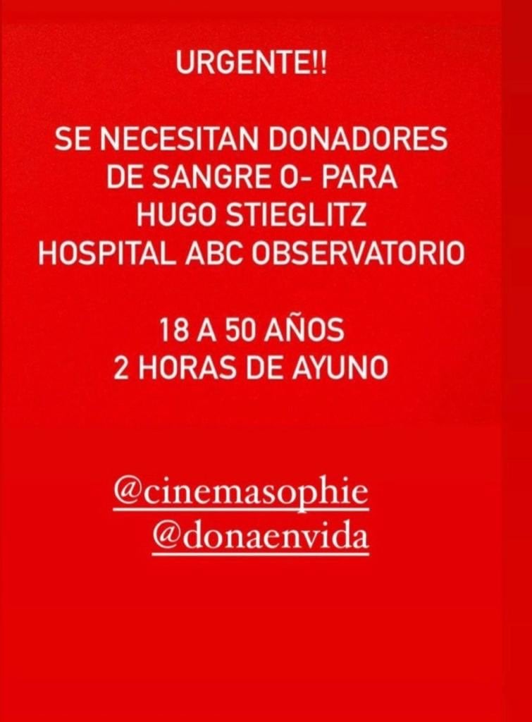 Hija de Hugo Stiglitz busca donares de sangre para su papá.