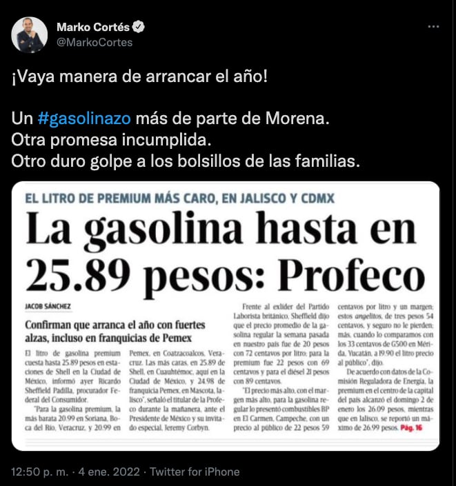 Marko Cortés responsabiliza a Morena por gazolinazo 2022