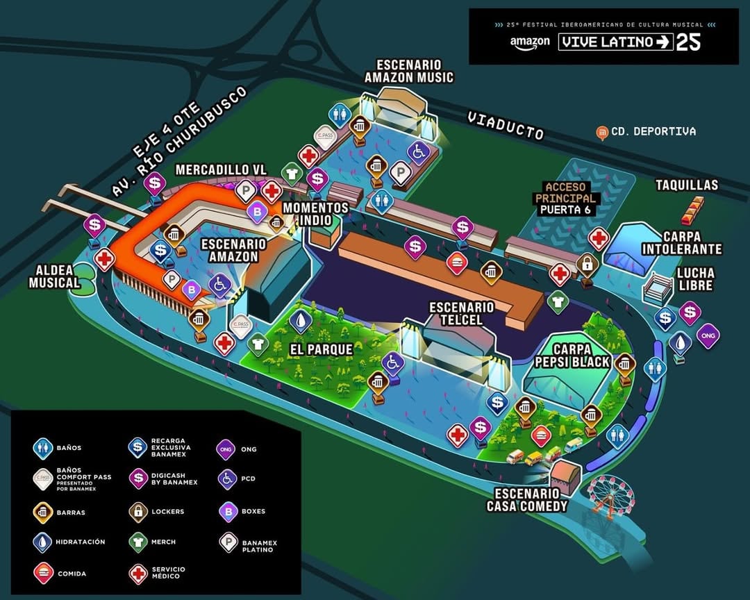 Mapa del Vive Latino 2025 en el estadio GNP Seguros