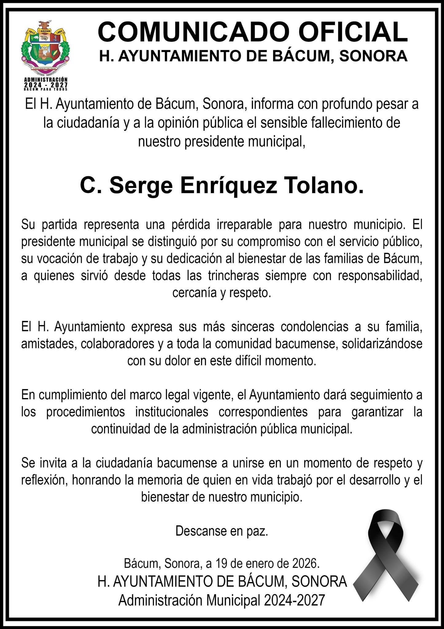Murió el alcalde de Bácum, Serge Enríquez Tolano