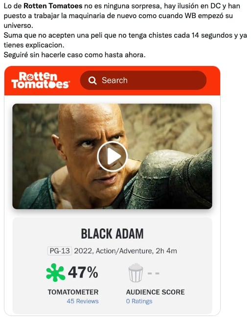 Memes de Rotten Tomatoes por malas críticas a Black Adam