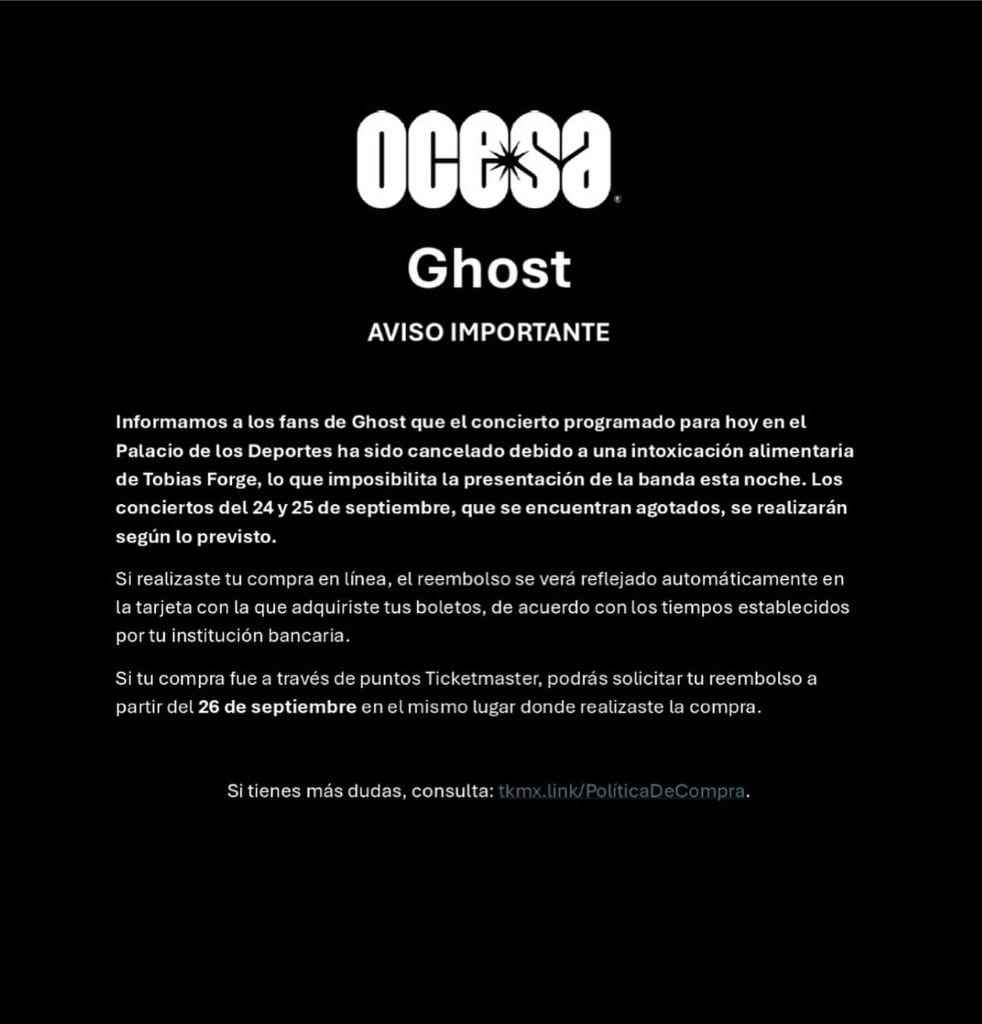 Ghost cancela su concierto del 23 de septiembre en el Palacio de los Deportes