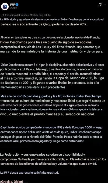 Así se despidió la Federación Francesa de Futbol a Didier Deschamps