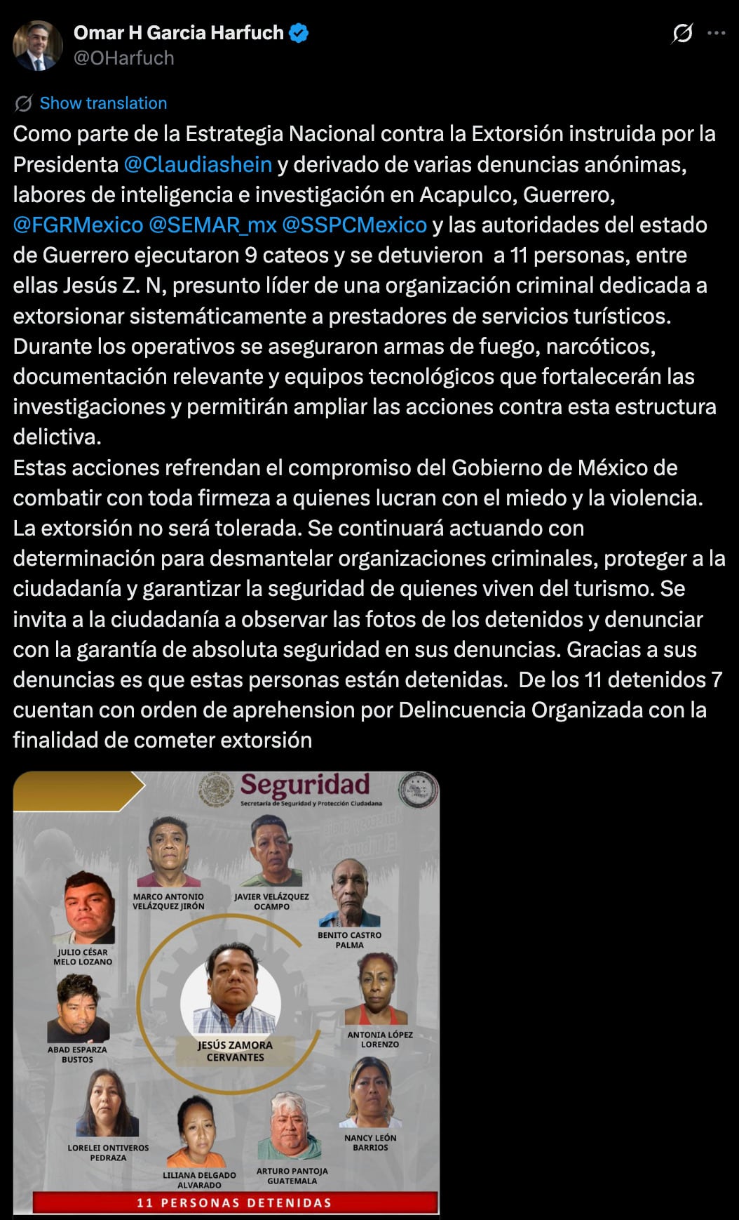 Detienen a Jesús Zamora Cervantes en Acapulco; lo confirma García Harfuch