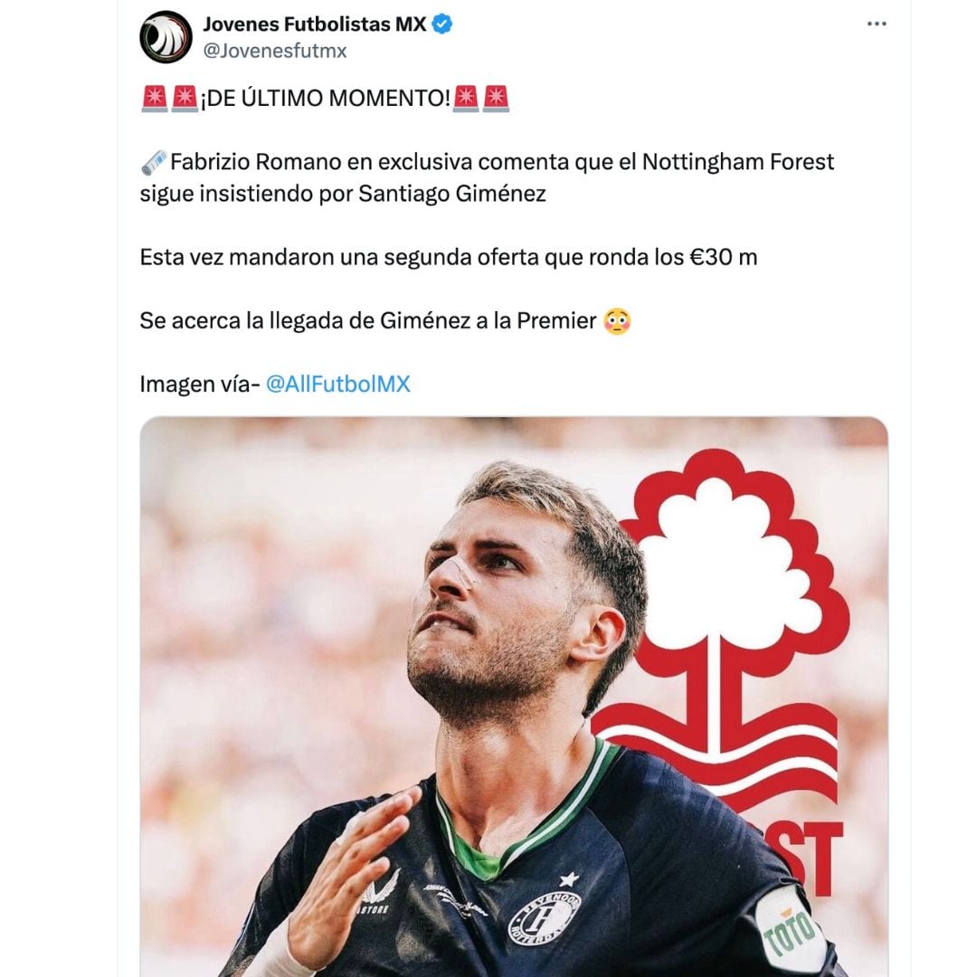 Oferta de Nottingham Forest por Santiago Giménez.