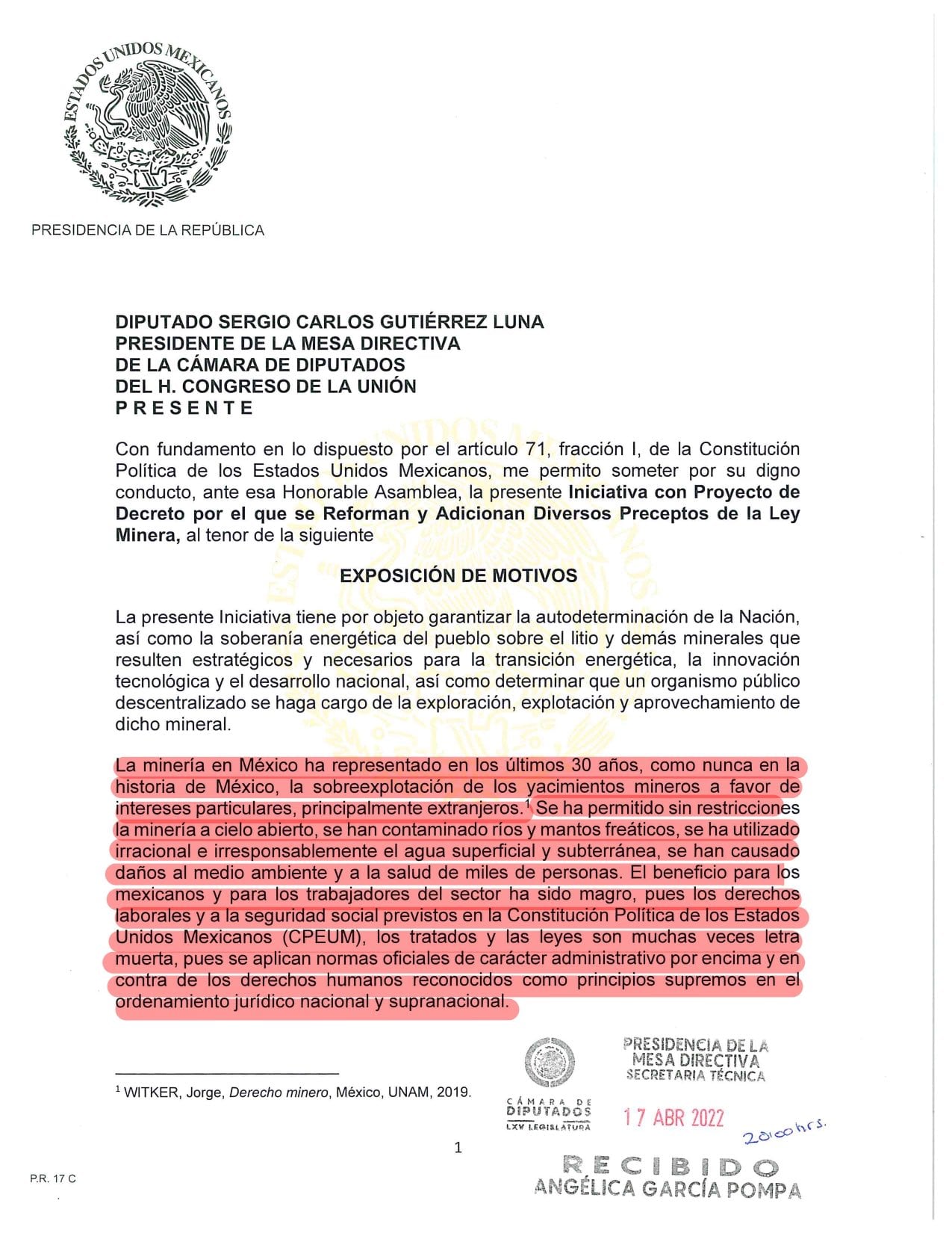 Exposición de motivos de la reforma a la ley minera enviada por AMLO