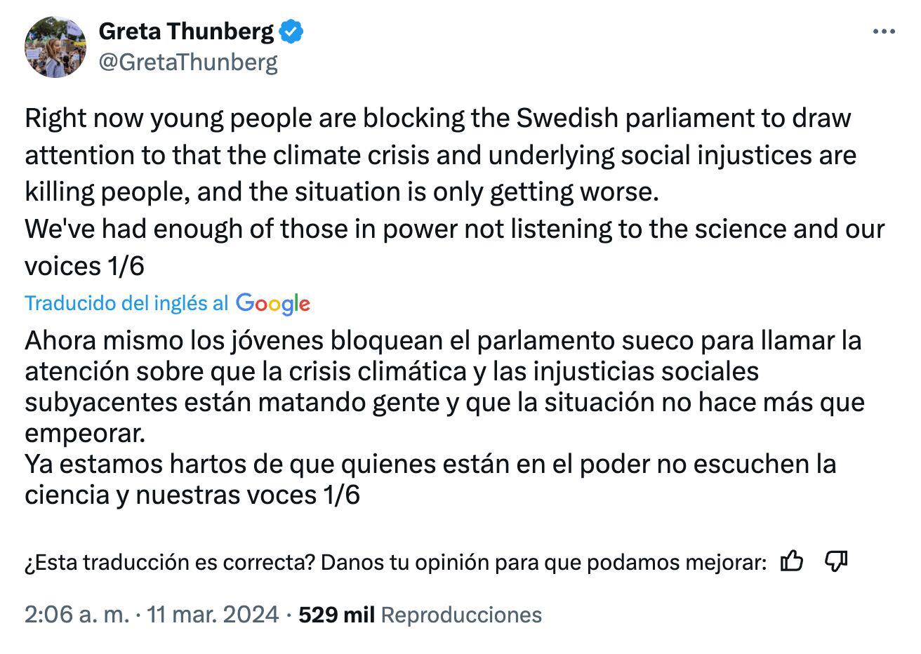 Greta Thunberg bloqueó el acceso al parlamento de Suecia para exigir medidas más radicales contra el cambio climático