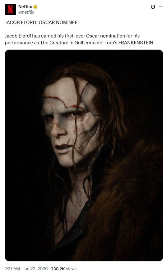 Jacob Elordi es nominado a los Premios Oscar 2026 por Frankenstein