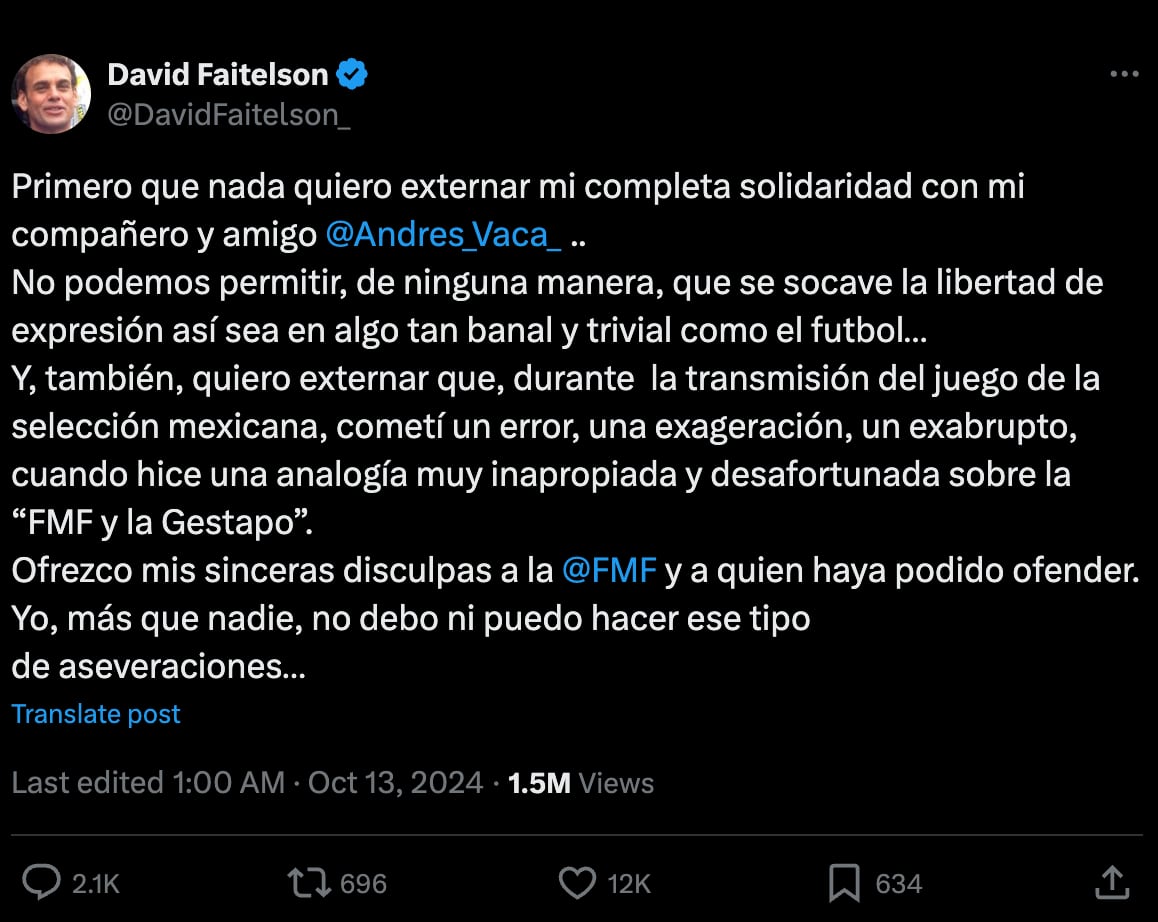 David Faitelson se disculpó con la Federación Mexicana de Futbol