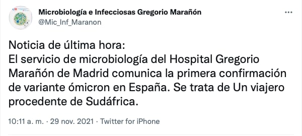 Se confirma primer caso de ómicron en España/@Mic_Inf_Maranon