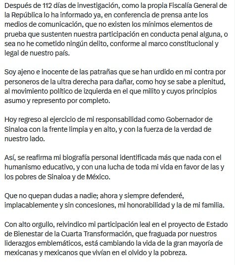 Rubén Rocha Moya informa que vuelve como gobernador de Sinaloa tras licencia.